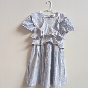 Zara Dress Girls Sz 13-14 Blue Stripe Frilly Ruffle